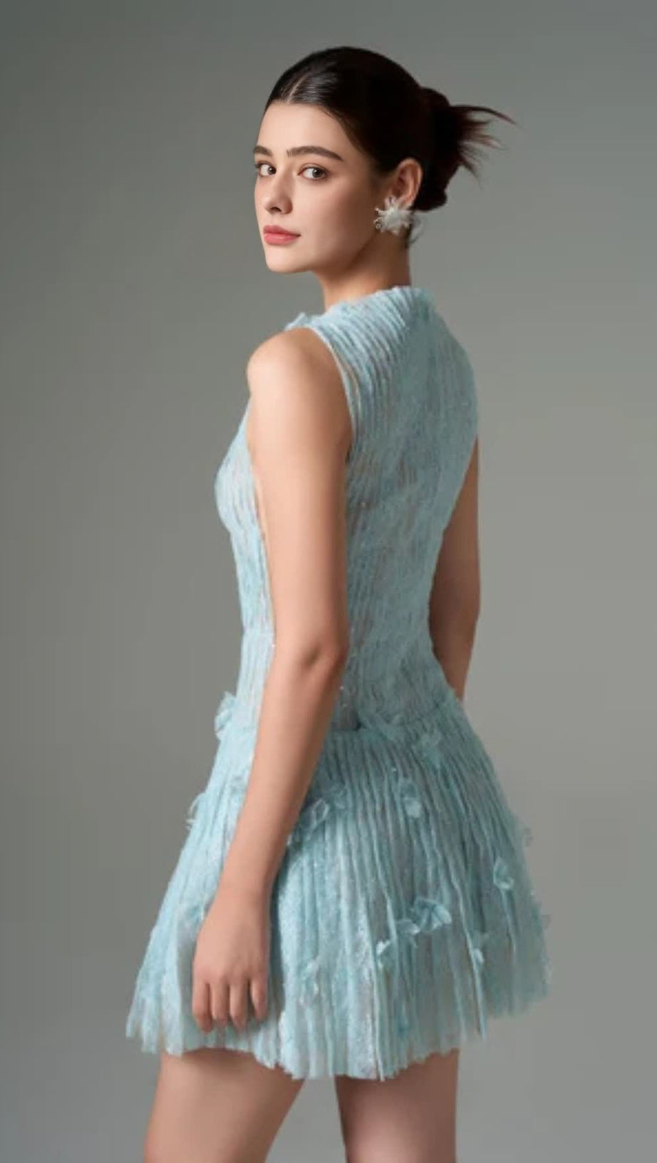 SLEEVELESS LACE FABRIC MINI DRESS IN AQUA