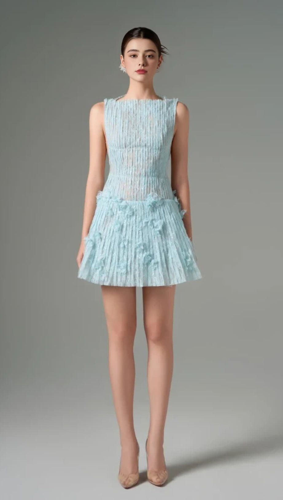 SLEEVELESS LACE FABRIC MINI DRESS IN AQUA