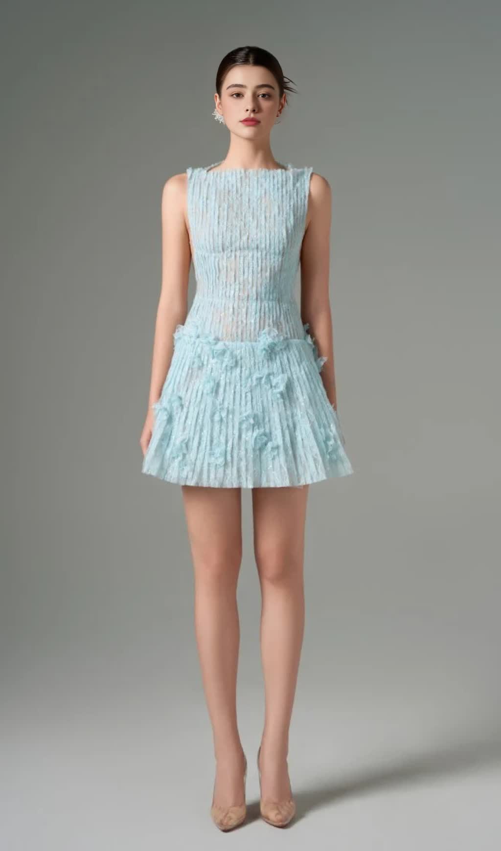 SLEEVELESS LACE FABRIC MINI DRESS IN AQUA