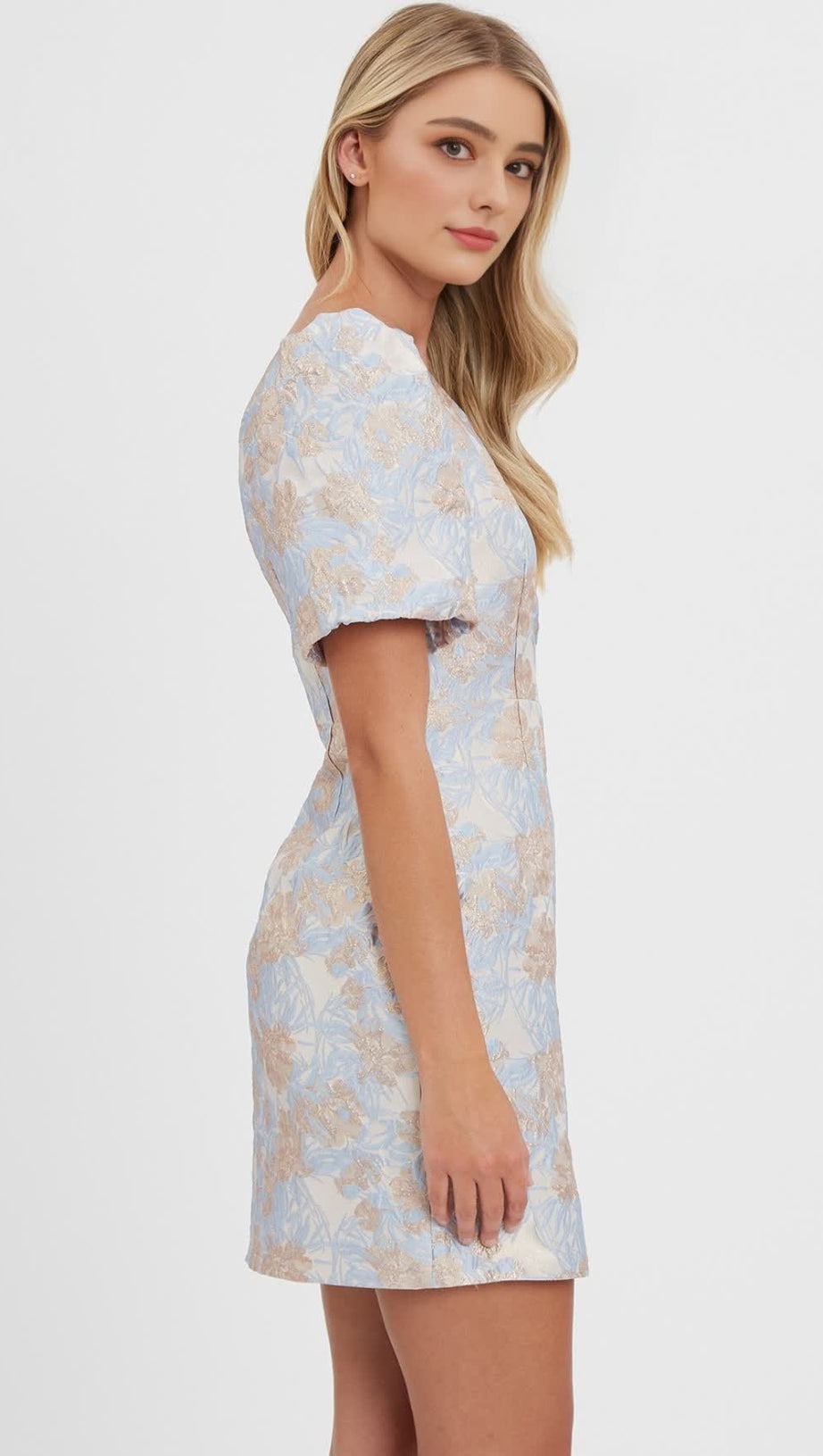 ONE-SHOULDER JACQUARD MINI DRESS IN BLUE-MULTI