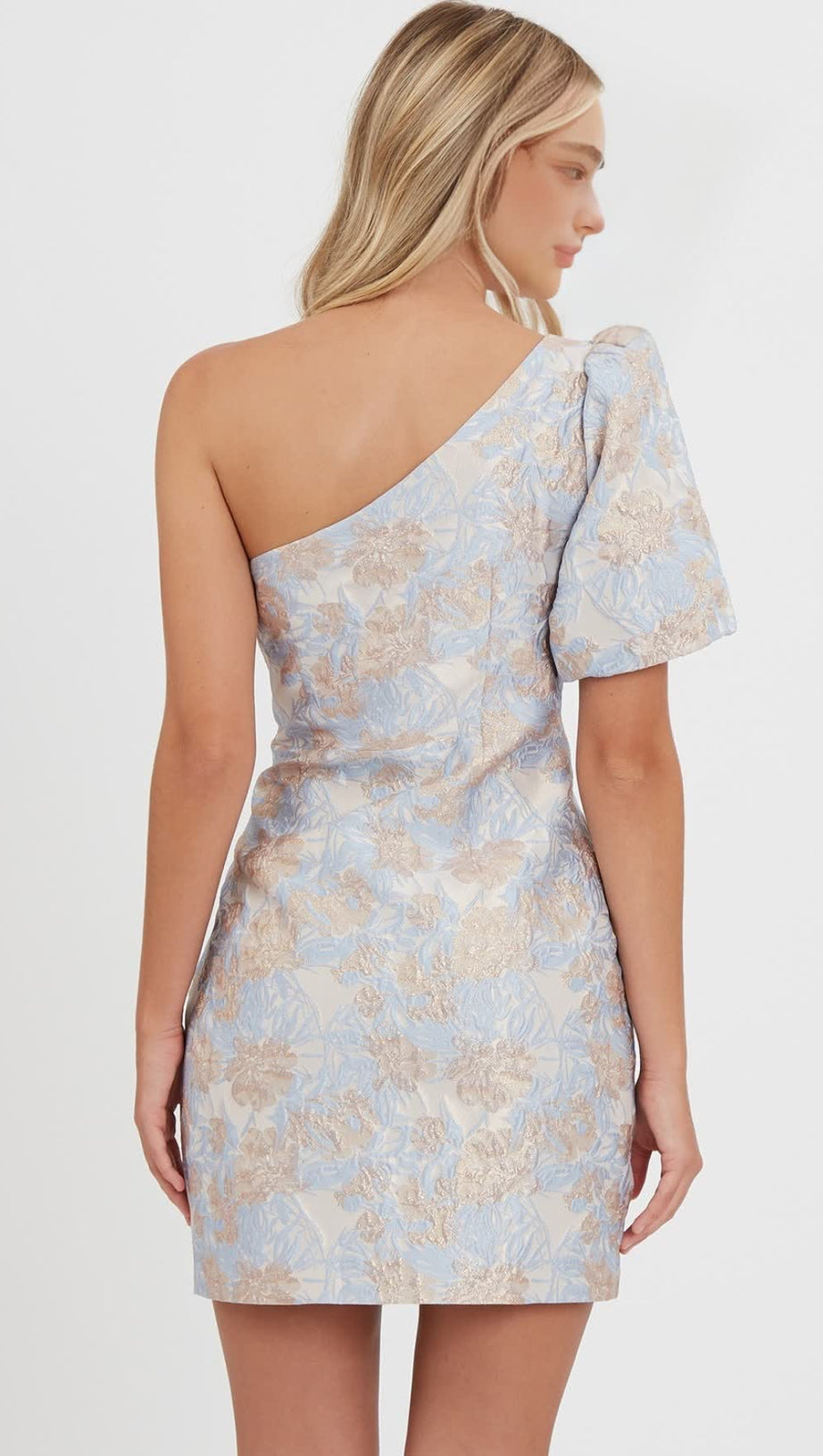 ONE-SHOULDER JACQUARD MINI DRESS IN BLUE-MULTI