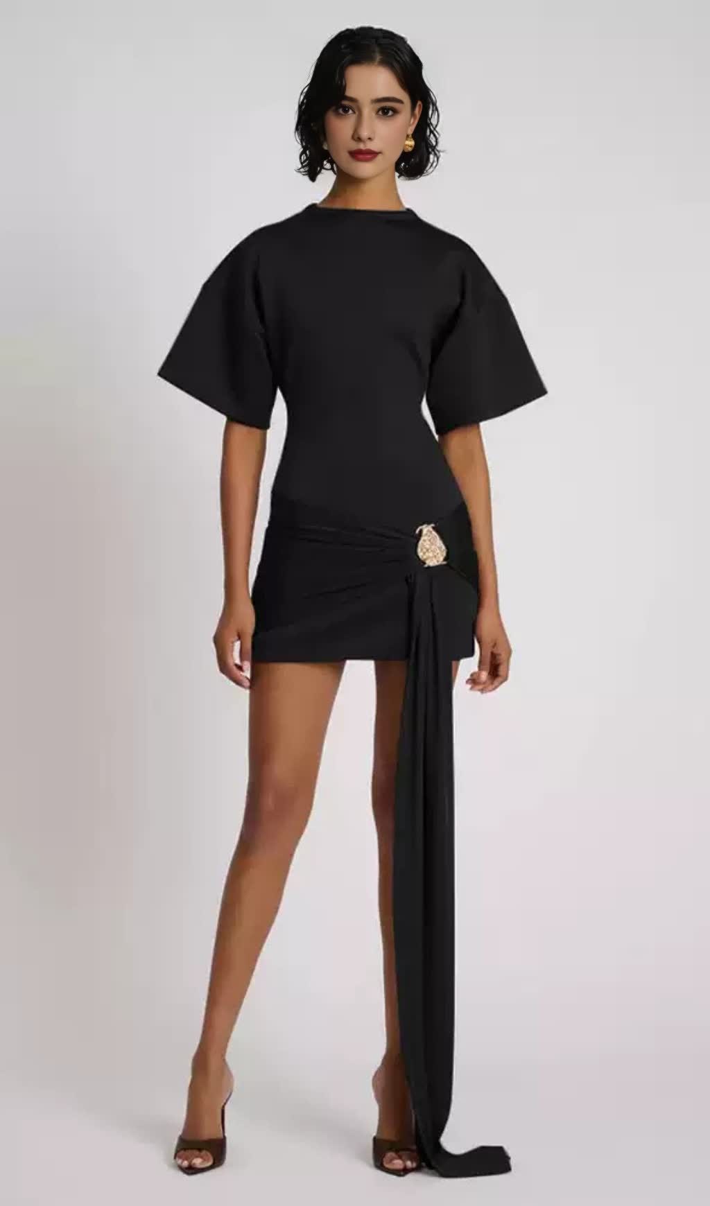 DRAPED EMBELLISHED MINI DRESS - BLACK