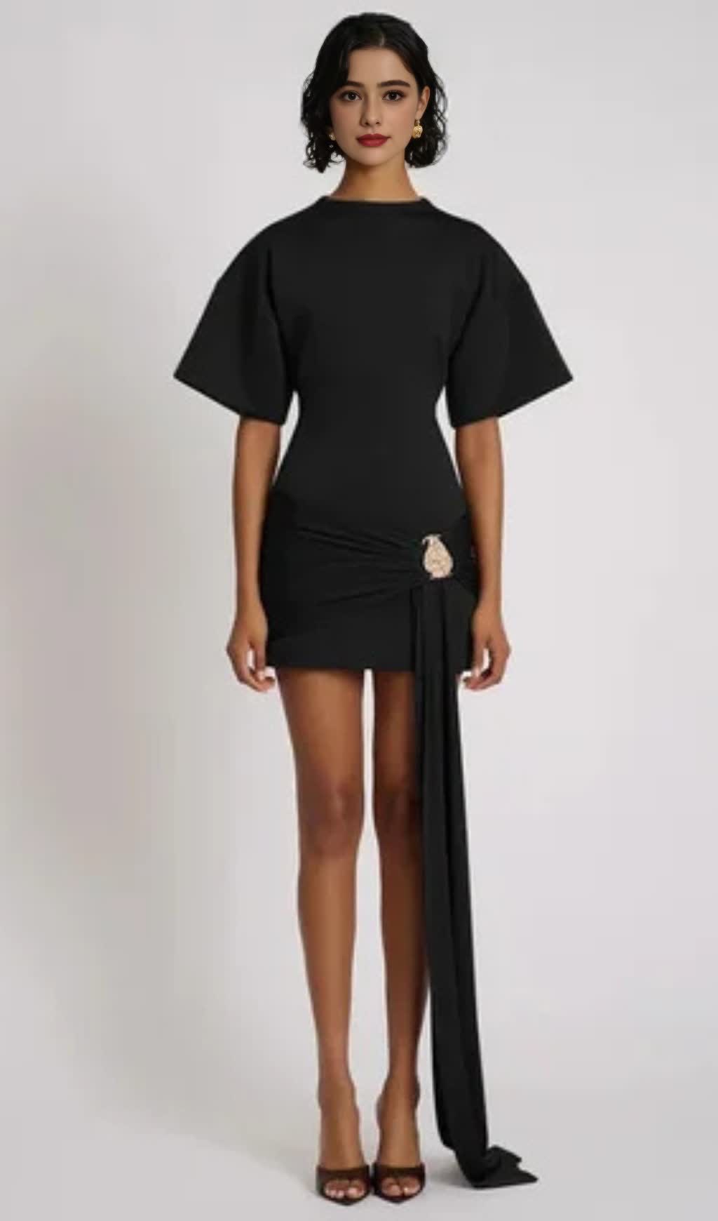 DRAPED EMBELLISHED MINI DRESS - BLACK
