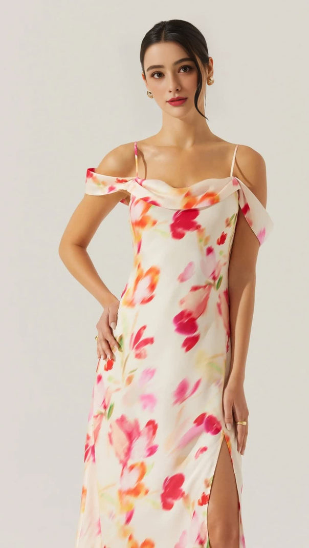 AIIZIE SATIN SLIT COLD SHOULDER MAXI DRESS IN PINK WATERCOLOR - product image