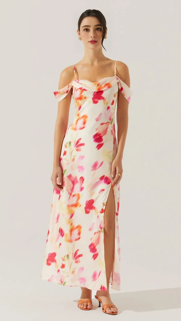 AIIZIE SATIN SLIT COLD SHOULDER MAXI DRESS IN PINK WATERCOLOR - product image