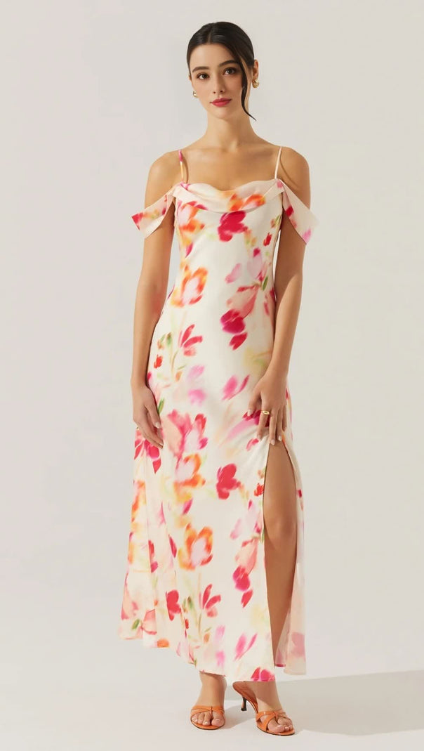 AIIZIE SATIN SLIT COLD SHOULDER MAXI DRESS IN PINK WATERCOLOR - product image