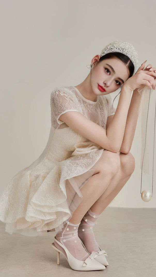 AIIZIE KELLY SEQUIN LACE PUFFY MINI DRESS IN WHITE - product image