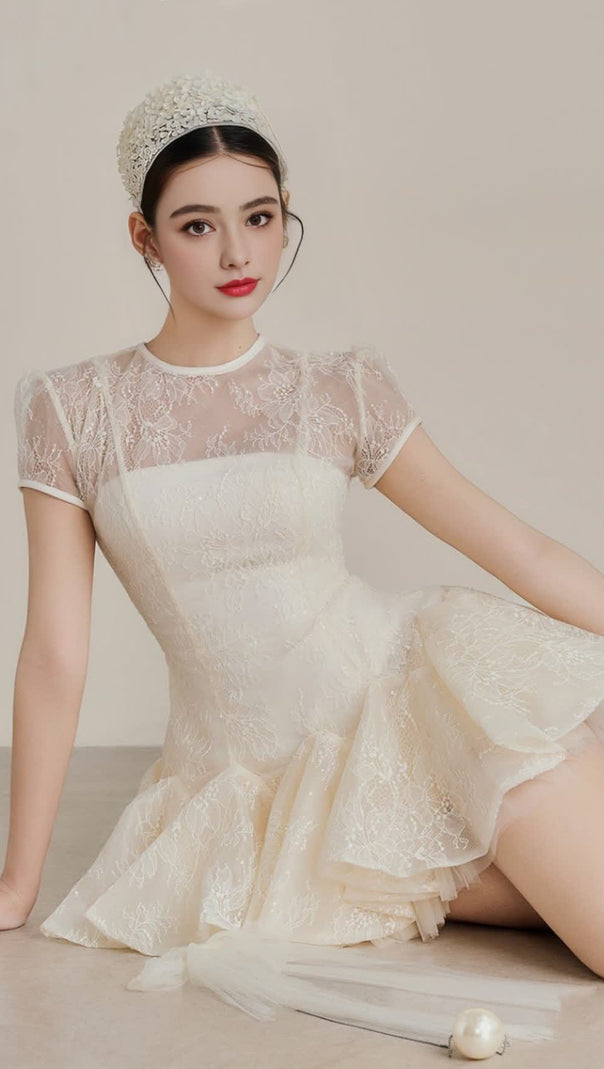 AIIZIE KELLY SEQUIN LACE PUFFY MINI DRESS IN WHITE - product image