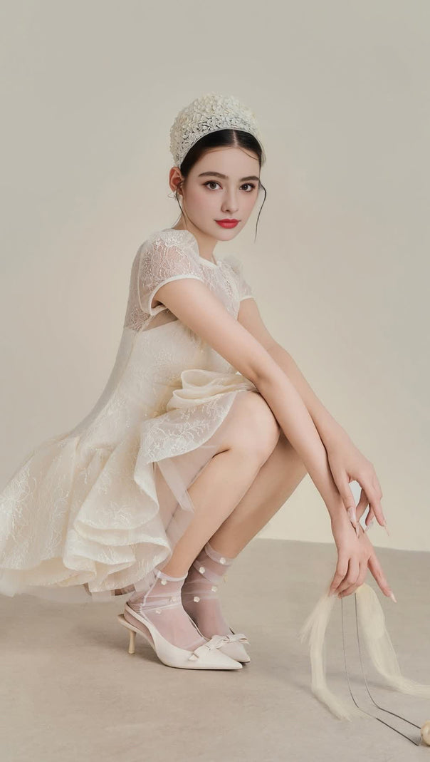 AIIZIE KELLY SEQUIN LACE PUFFY MINI DRESS IN WHITE - product image