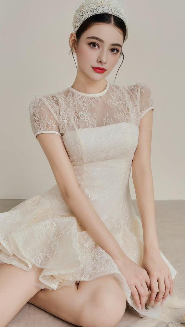 AIIZIE KELLY SEQUIN LACE PUFFY MINI DRESS IN WHITE - product image