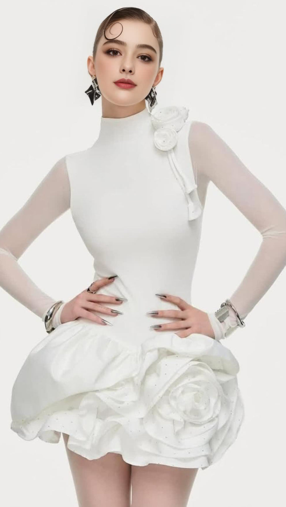 3D FLOWER HEM MESH MINI DRESS IN WHITE