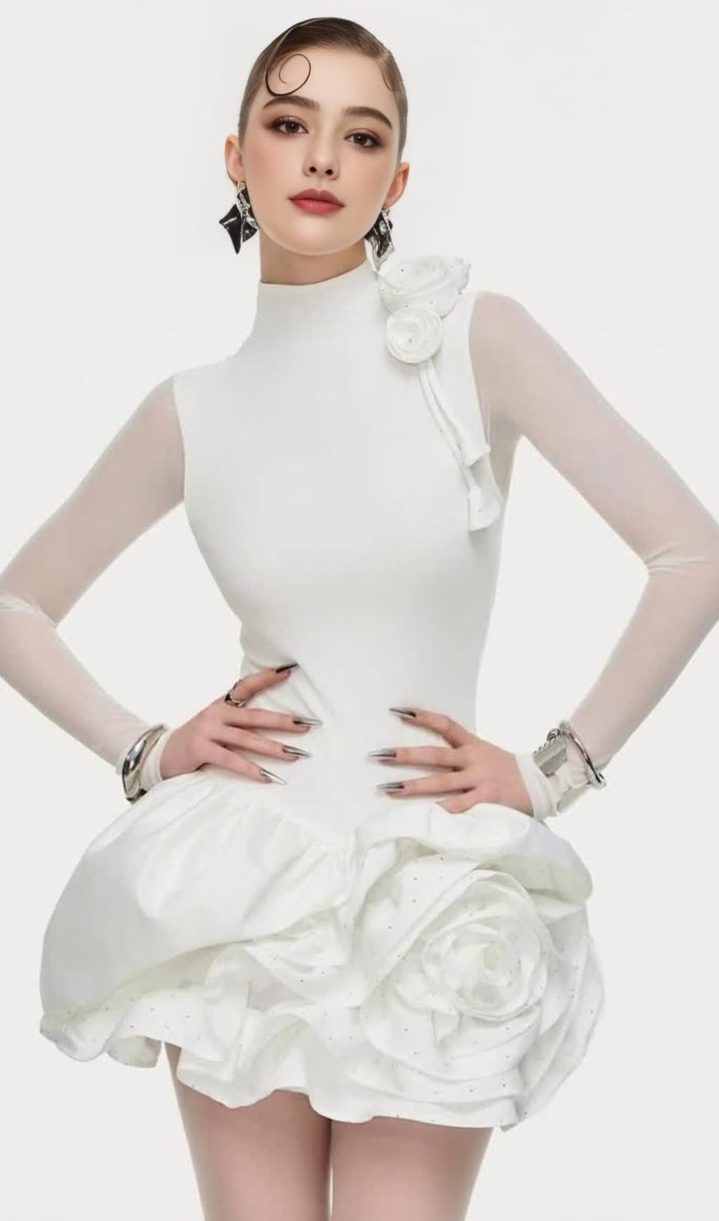 3D FLOWER HEM MESH MINI DRESS IN WHITE