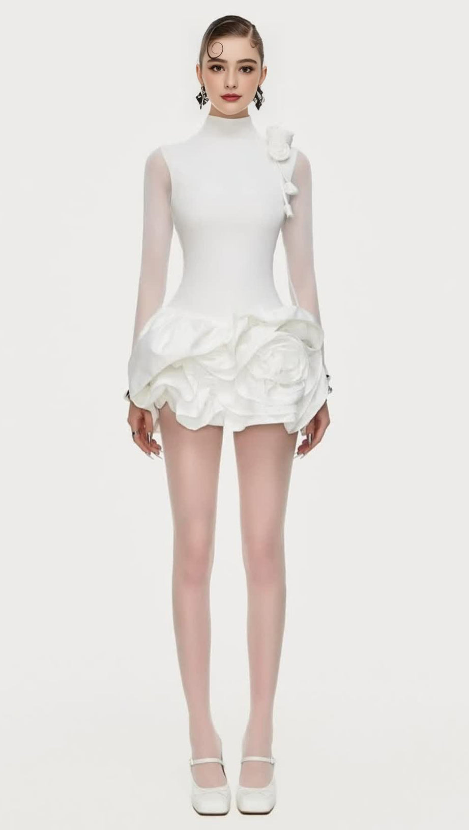 3D FLOWER HEM MESH MINI DRESS IN WHITE