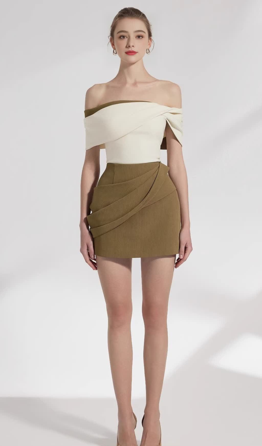 MARJORIE A-LINE PLEATED COTTON TWILL MINI DRESS IN KAHKI