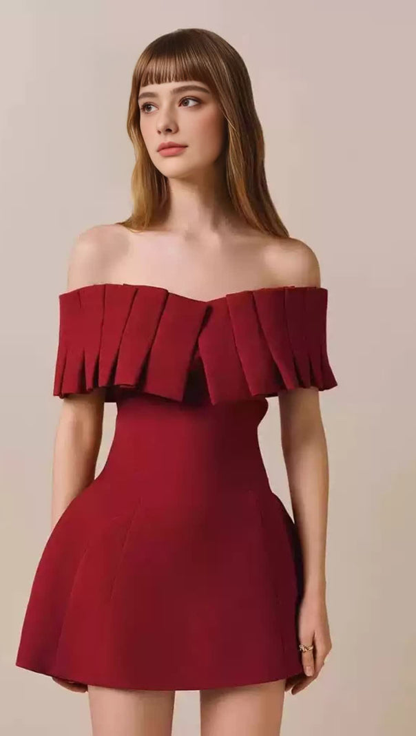 AIIZIE MARCIA OFF-SHOULDER PLEATED MINI DRESS IN RED - product image