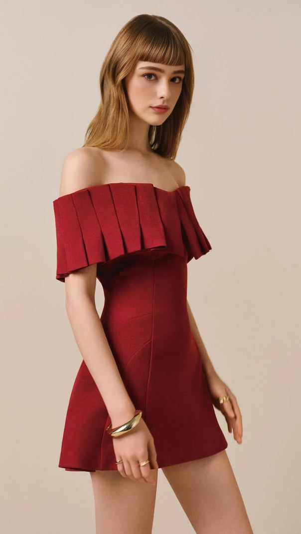 AIIZIE MARCIA OFF-SHOULDER PLEATED MINI DRESS IN RED - product image