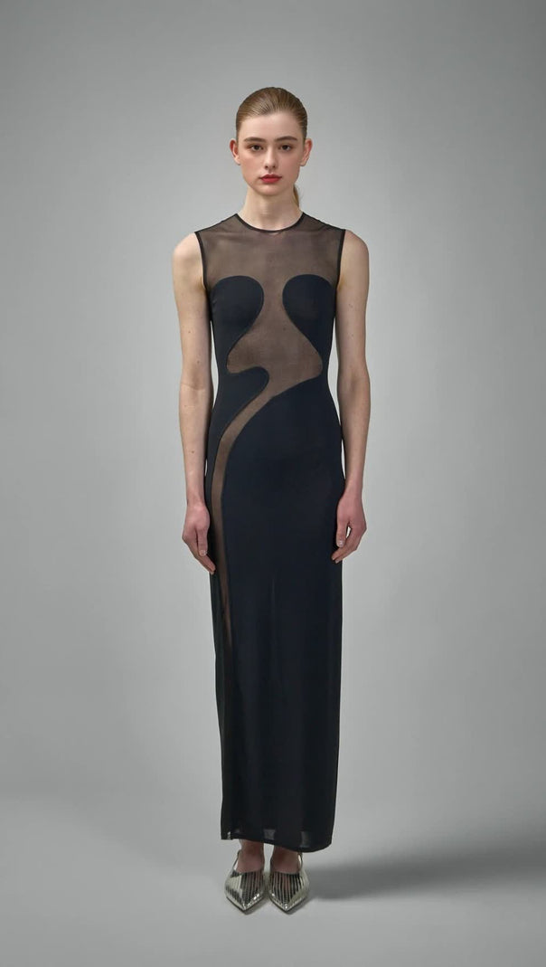 AIIZIE CARMINA MESH PANELED MAXI BANDAGE DRESS IN BLACK - product image