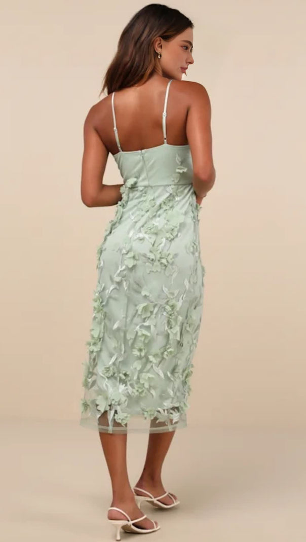 AIIZIE SAGE GREEN 3D FLORAL EMBROIDERED MIDI DRESS - product image