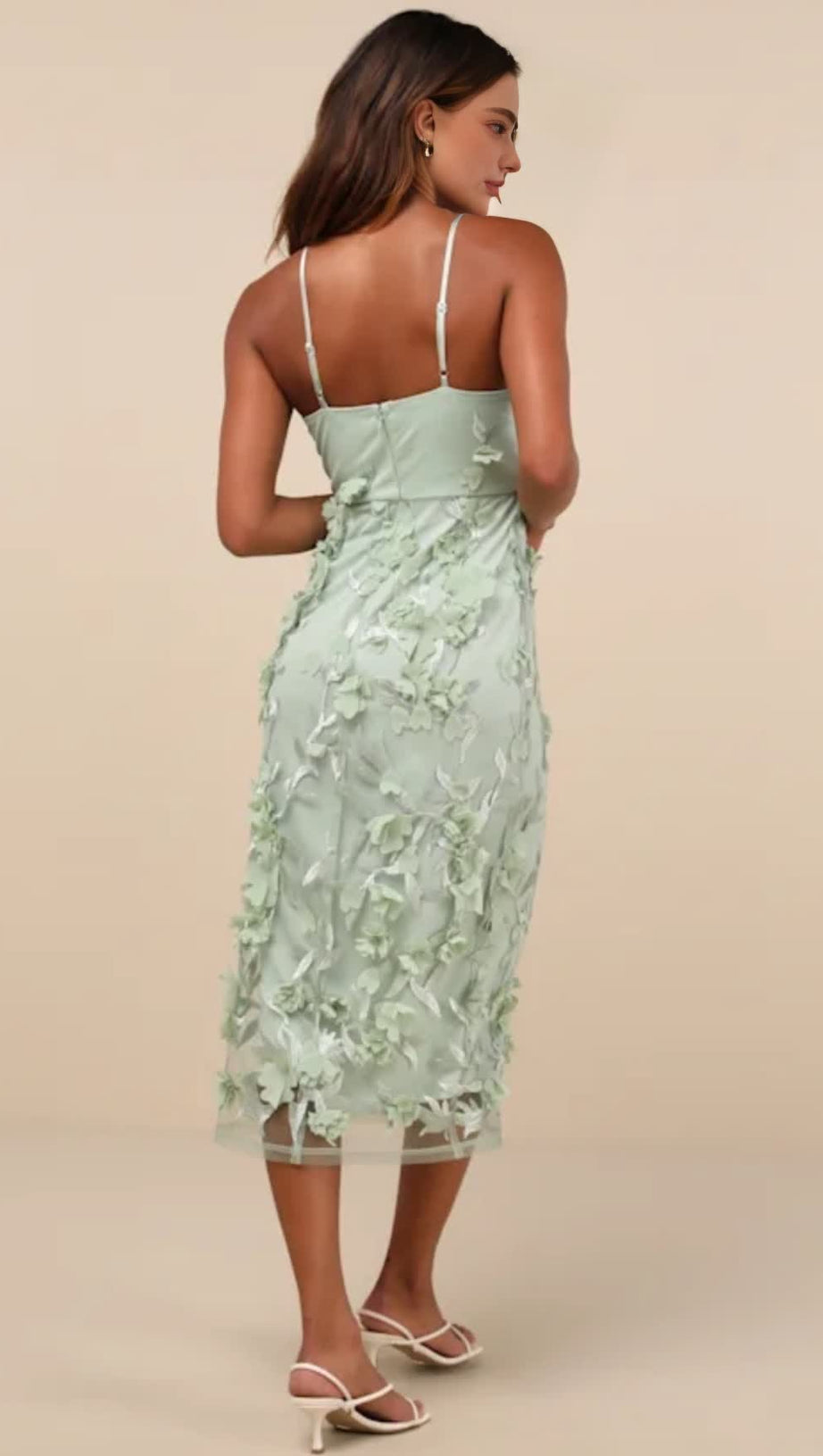 SAGE GREEN 3D FLORAL EMBROIDERED MIDI DRESS