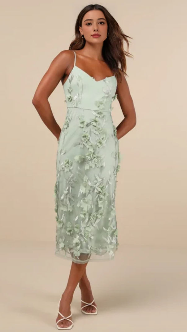 AIIZIE SAGE GREEN 3D FLORAL EMBROIDERED MIDI DRESS - product image