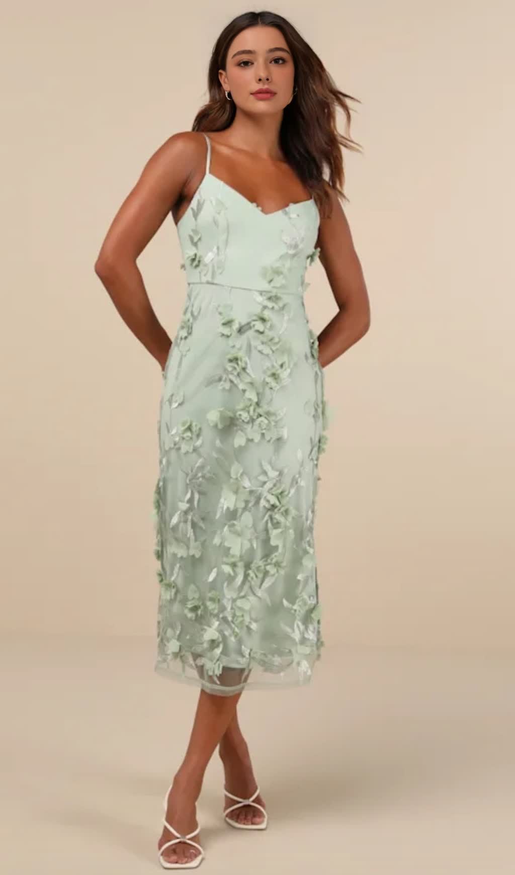 SAGE GREEN 3D FLORAL EMBROIDERED MIDI DRESS