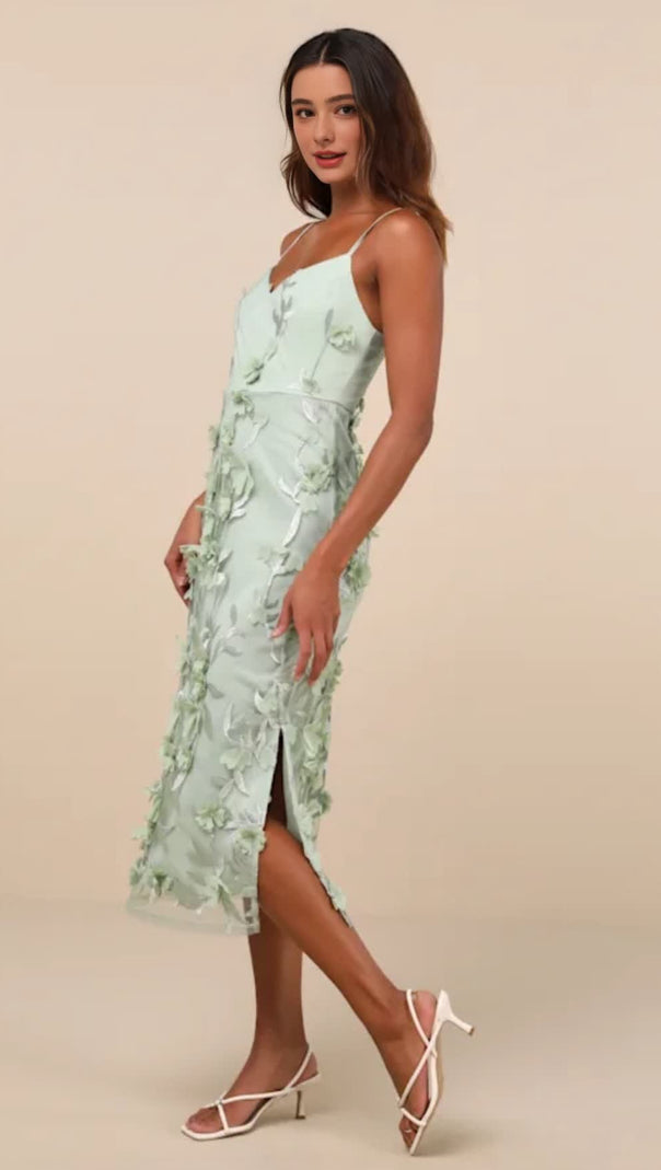 AIIZIE SAGE GREEN 3D FLORAL EMBROIDERED MIDI DRESS - product image