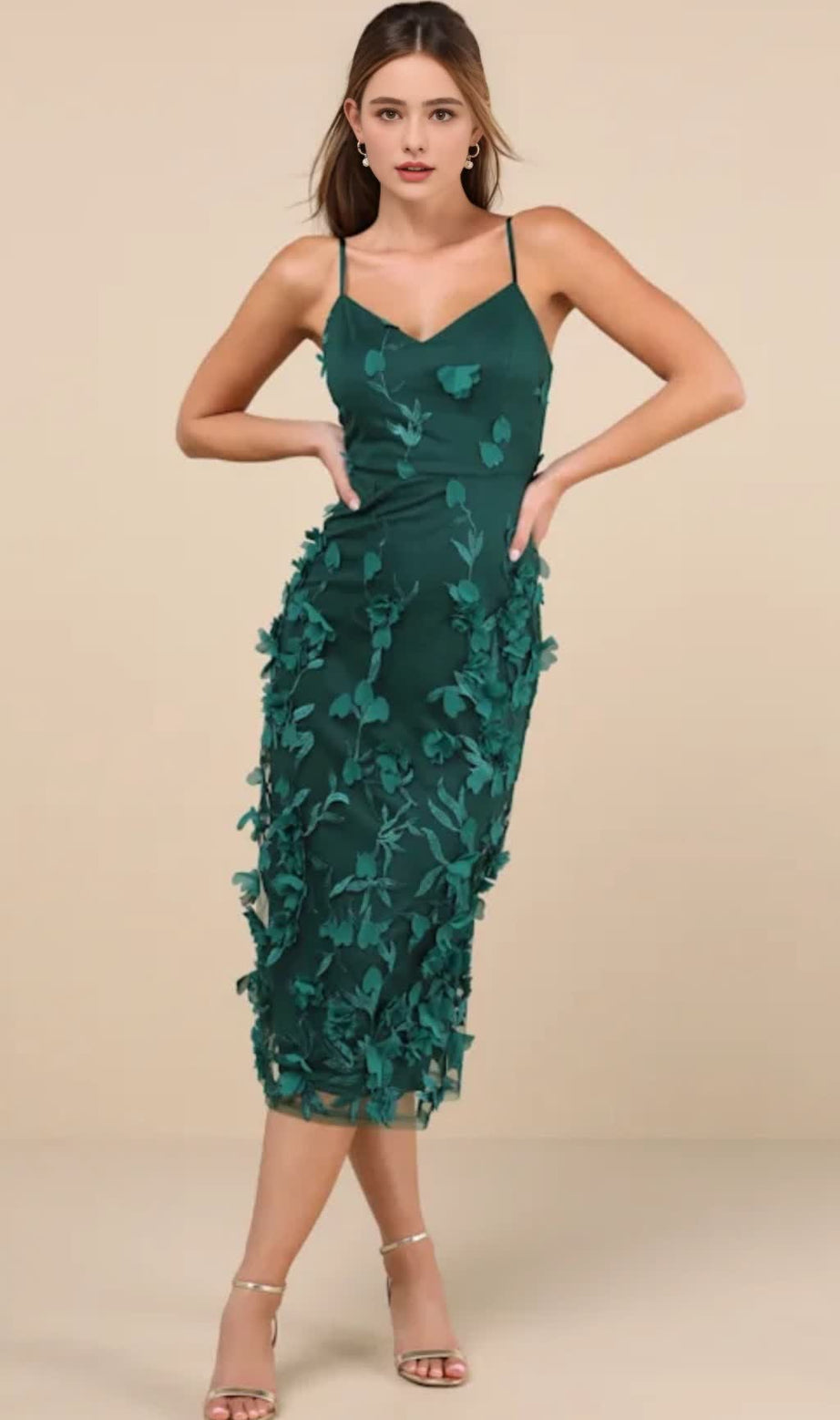 Emerald 3D Floral Embroidered Midi Dress
