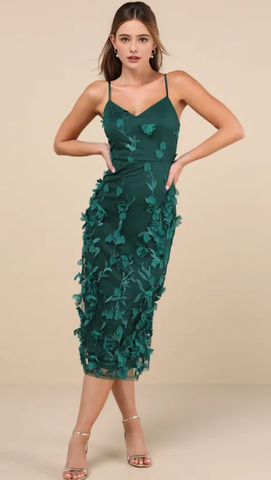 EMERALD 3D FLORAL EMBROIDERED MIDI DRESS