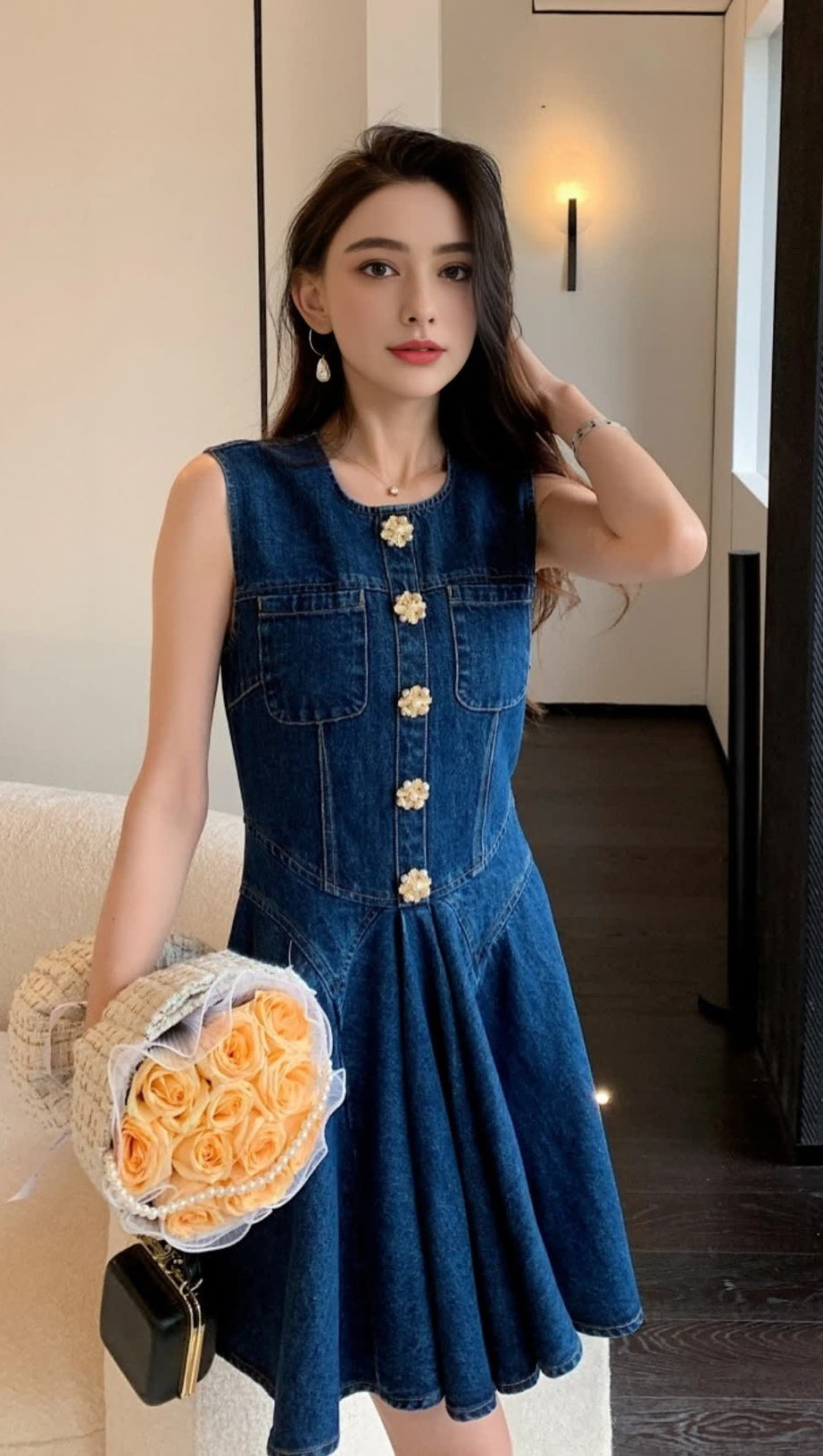 Ärmelloses Mini-Jeanskleid mit Blumenknöpfen in Blau