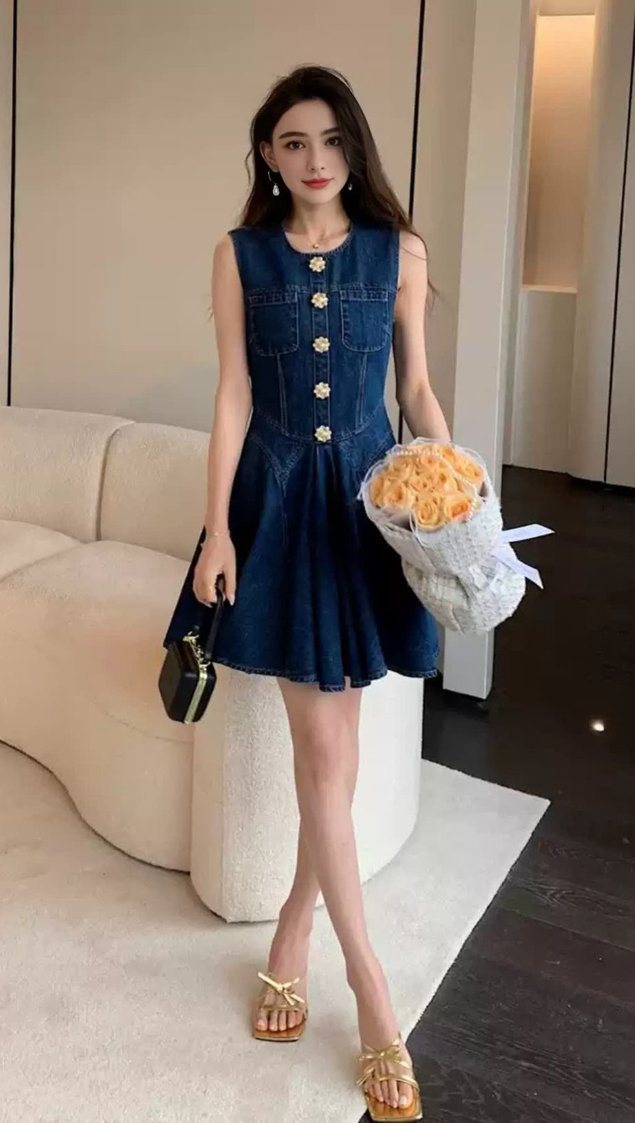 Ärmelloses Mini-Jeanskleid mit Blumenknöpfen in Blau