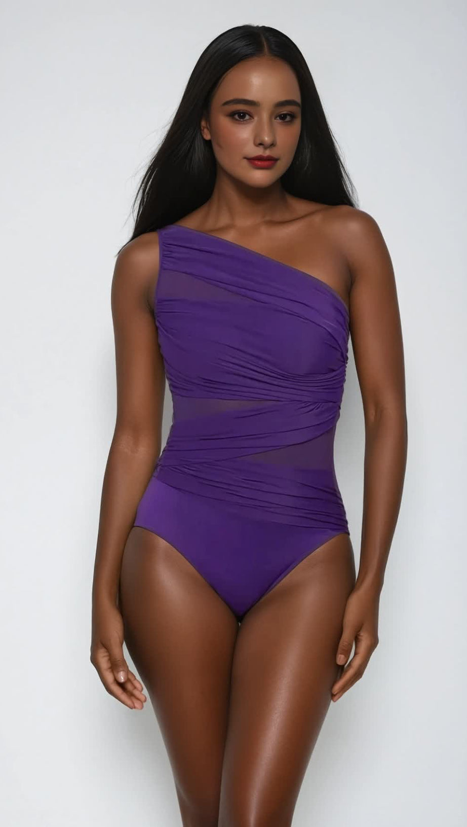 MAMIE SINGLE SHOULDER MESH RUCH SWIMSUIT IN PURPLE