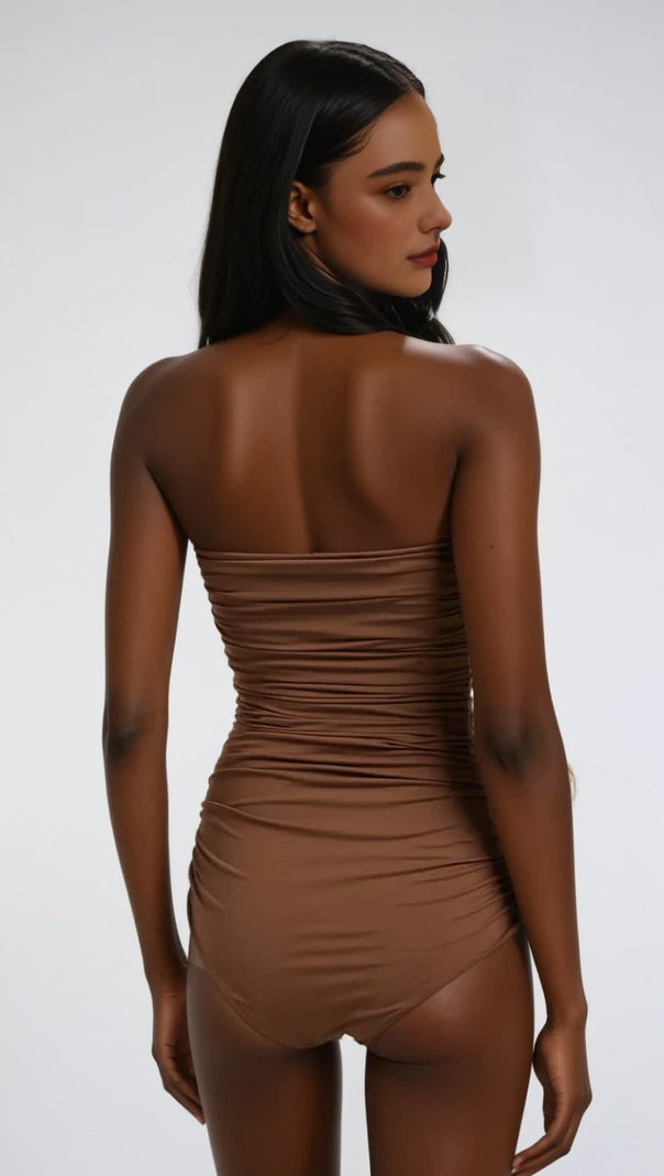 AIIZIE NANCY RUCHED FLOWER ONE PIECE SWIMSUIT IN MOCHA MOUSSE - product image