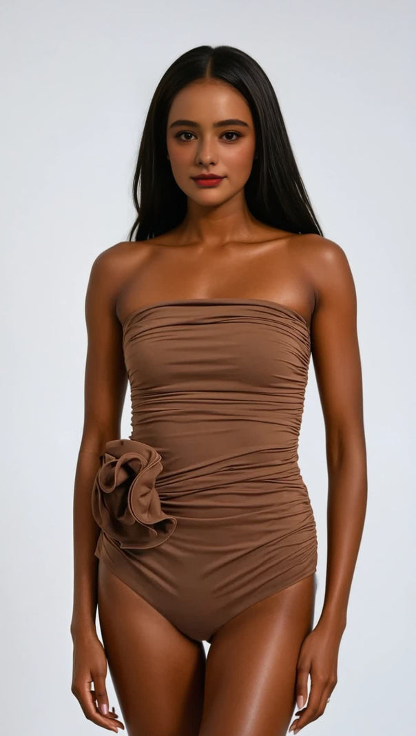 AIIZIE NANCY RUCHED FLOWER ONE PIECE SWIMSUIT IN MOCHA MOUSSE - product image