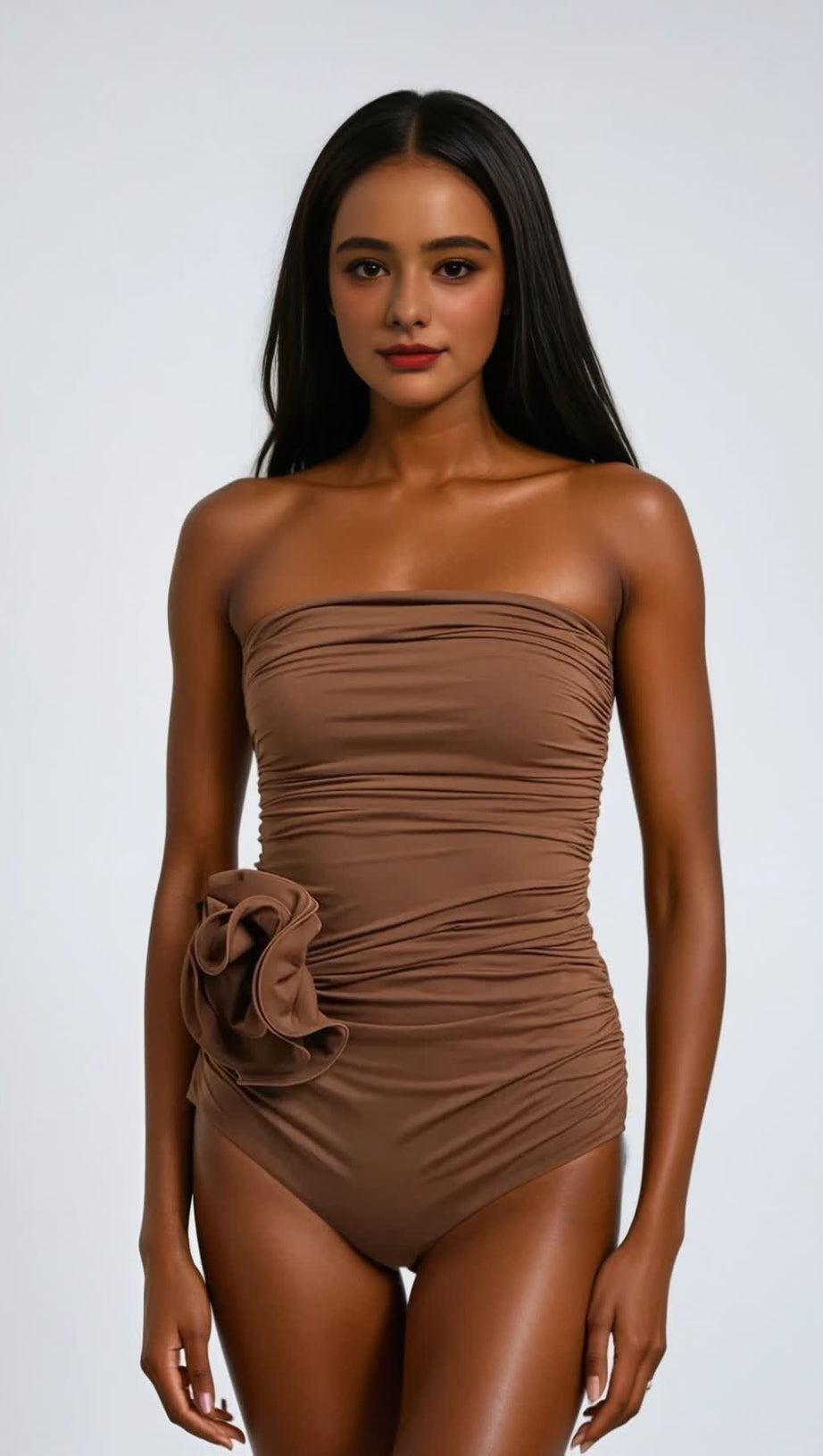 NANCY RUCHED FLOWER ONE PIECE SWIMSUIT IN MOCHA MOUSSE