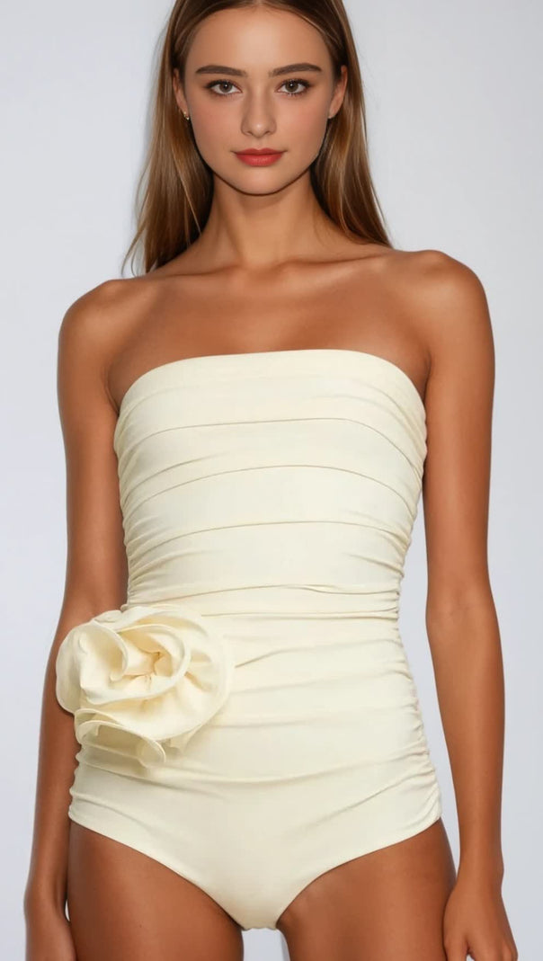 AIIZIE NANCY RUCHED FLOWER ONE PIECE SWIMSUIT IN CREAM - product image
