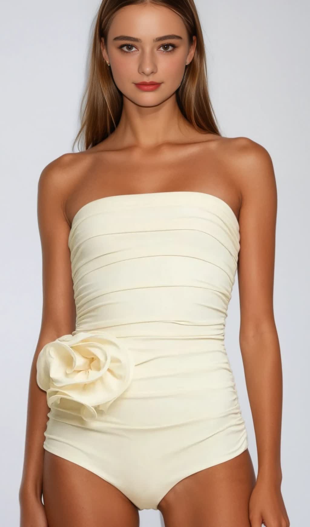 Nancy – Einteiliger Badeanzug mit gerafftem Blumenmuster in Creme