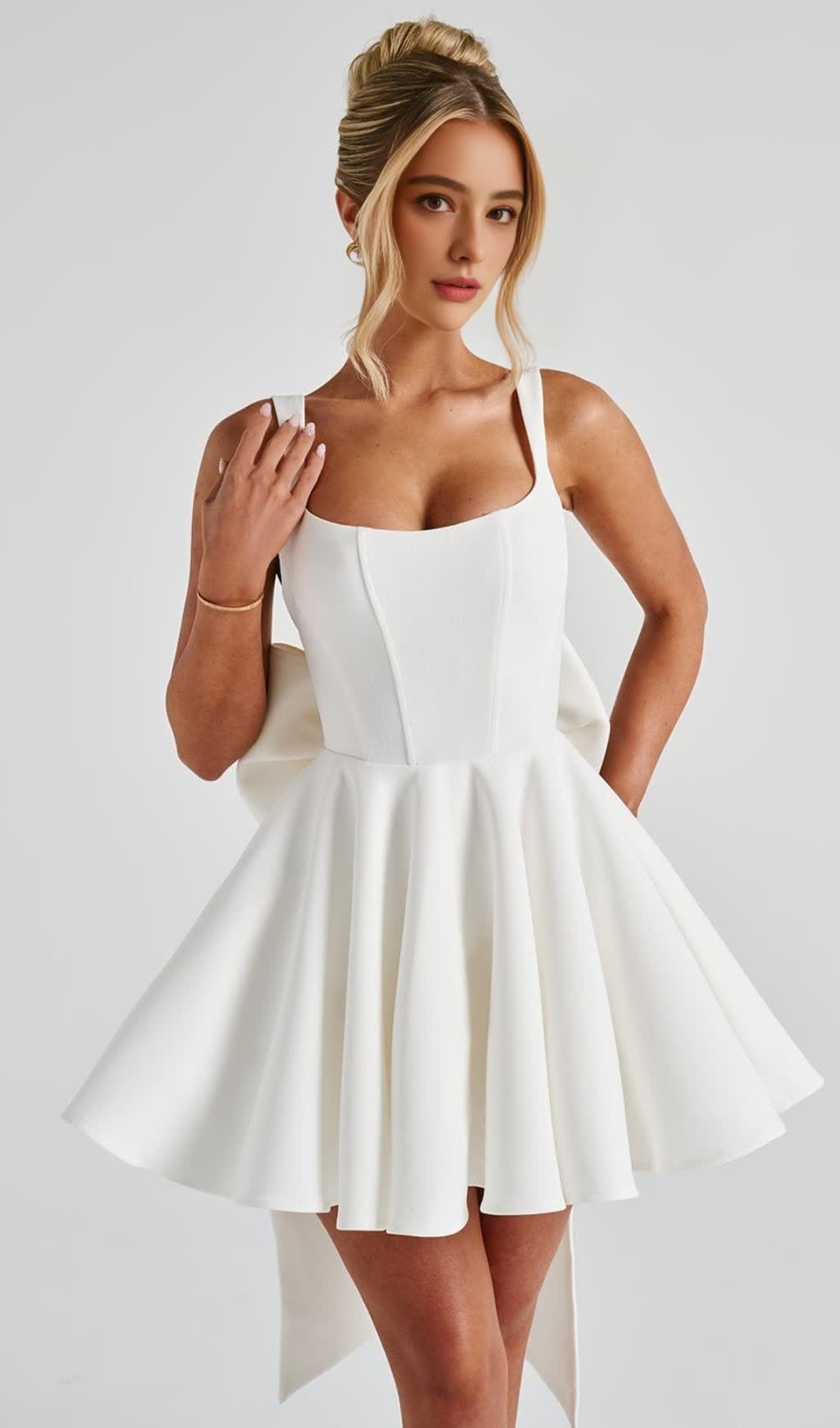 kristin back bow embellished Mini Dress in Ivory