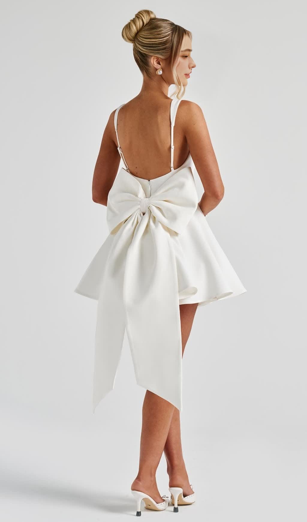 kristin back bow embellished Mini Dress in Ivory