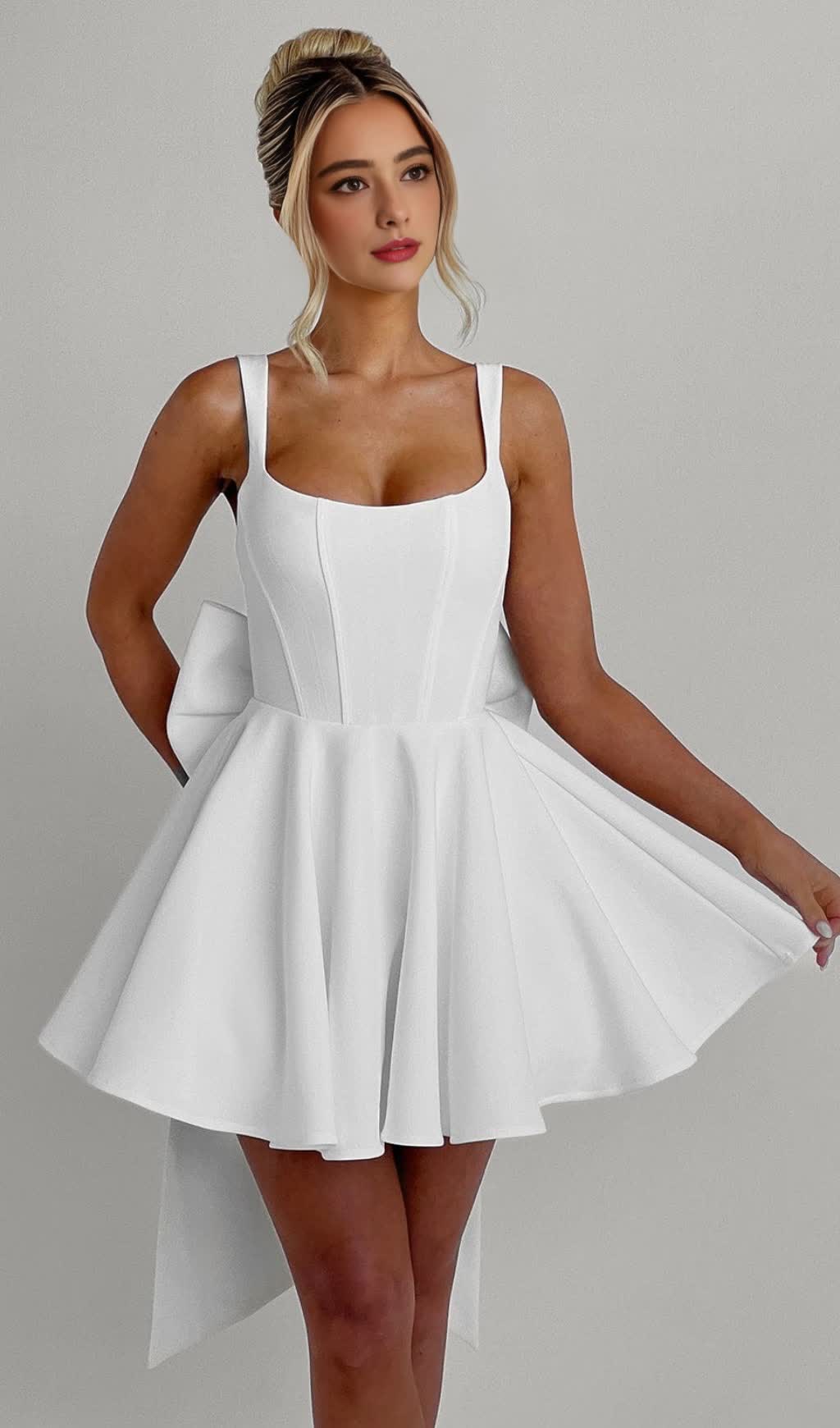 kristin back bow embellished Mini Dress in Ivory