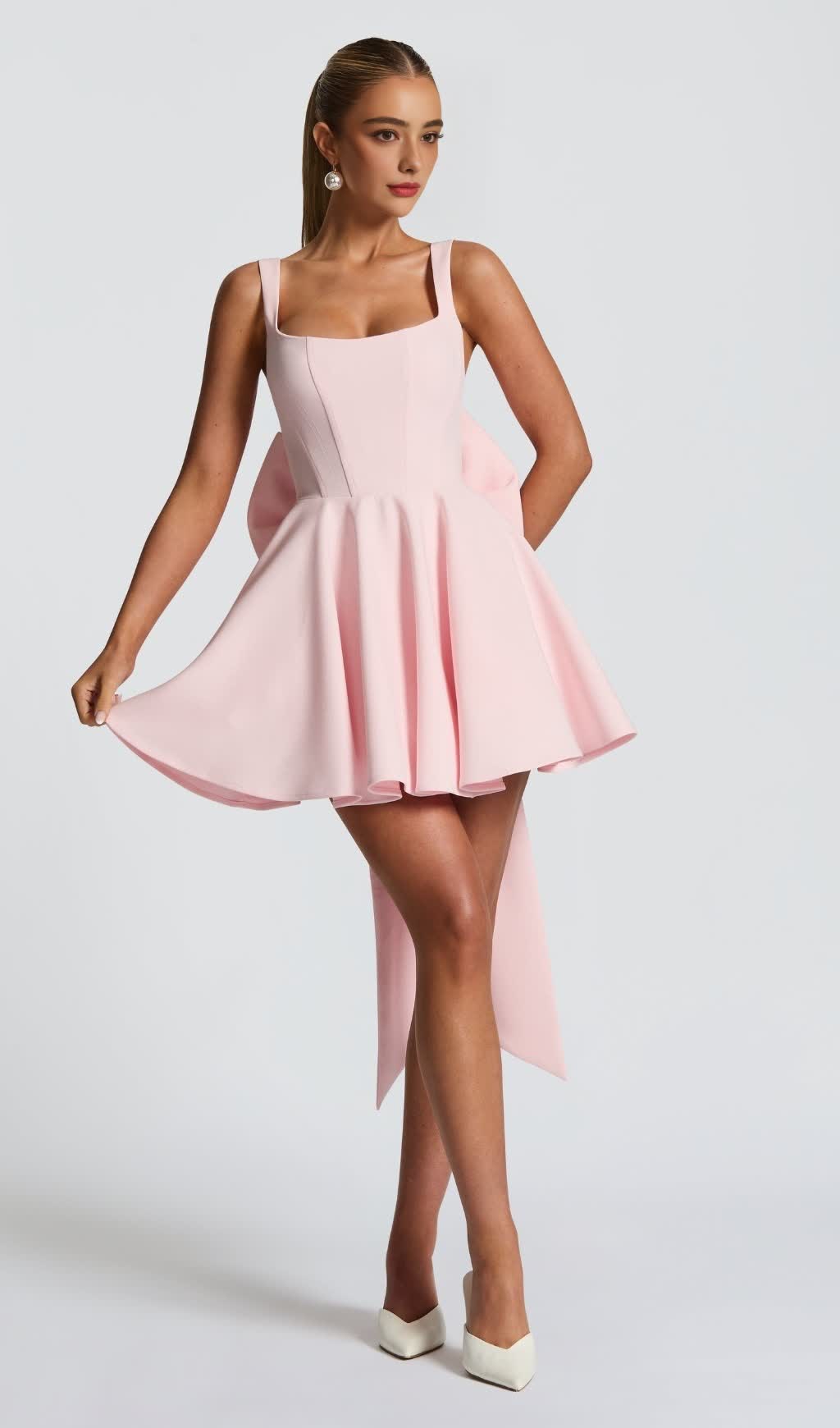 kristin back bow embellished Mini Dress in Blush