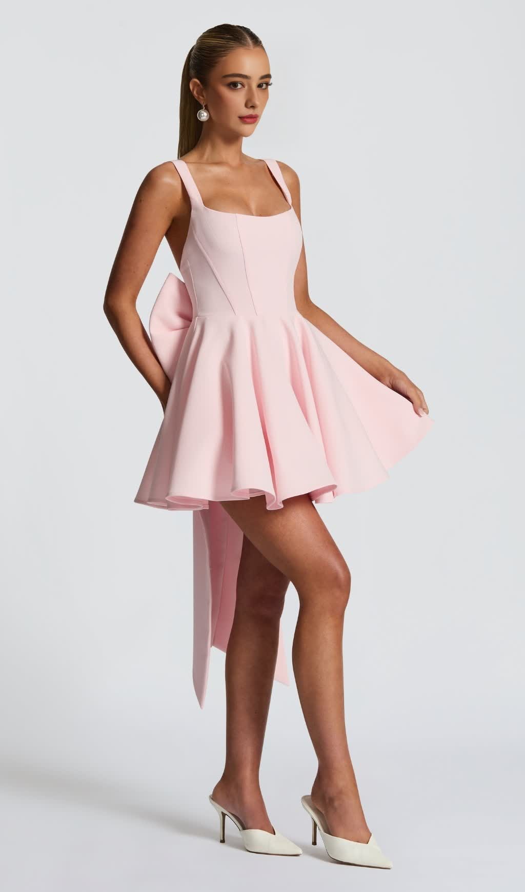 kristin back bow embellished Mini Dress in Blush