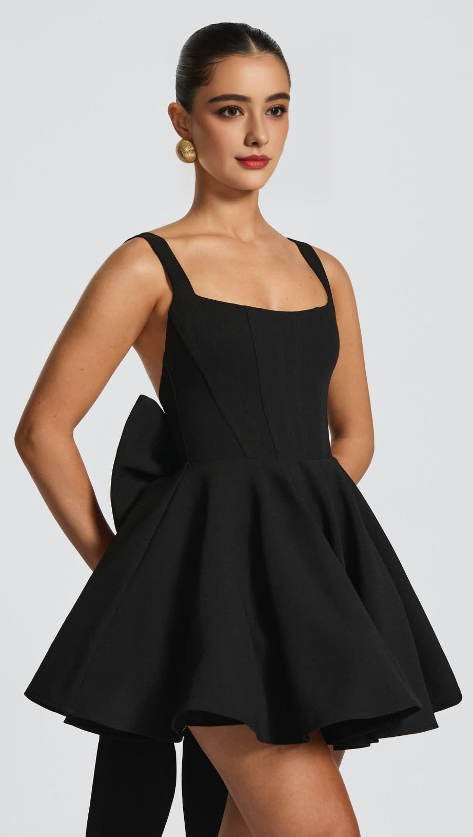 KRISTIN BACK BOW EMBELLISHED MINI DRESS IN BLACK