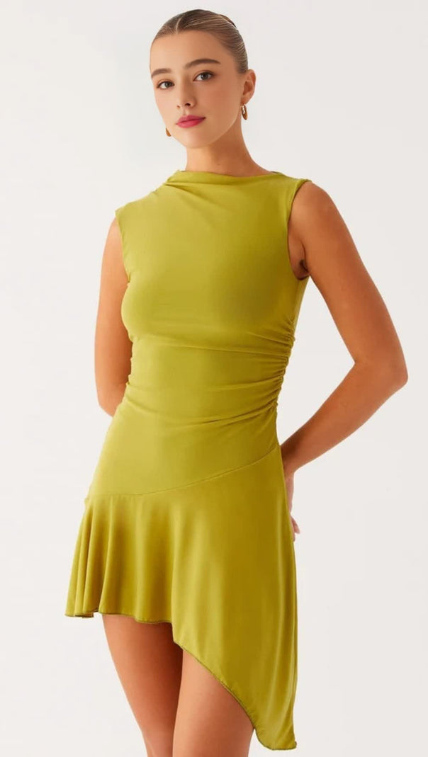 AIIZIE MESH PLEATED BODYCON MINI DRESS IN LIME - product image