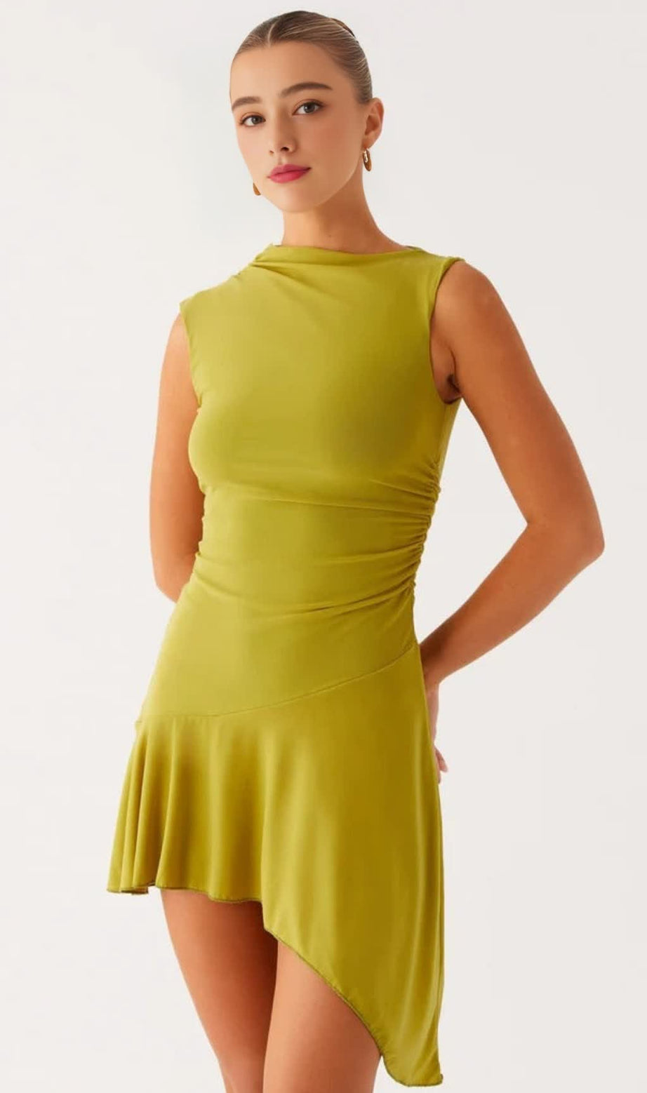 Mesh pleated bodycon Mini Dress in Lime