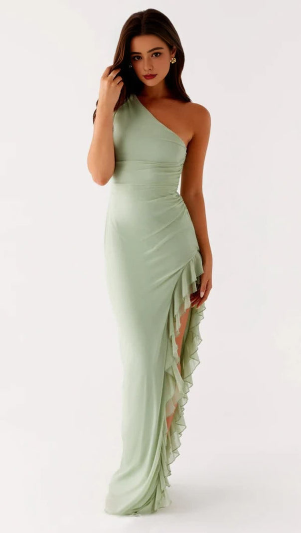 AIIZIE ONE-SHOULDER SLIT RUFFLE TRIM MAXI DRESS IN SAGE GREEN - product image