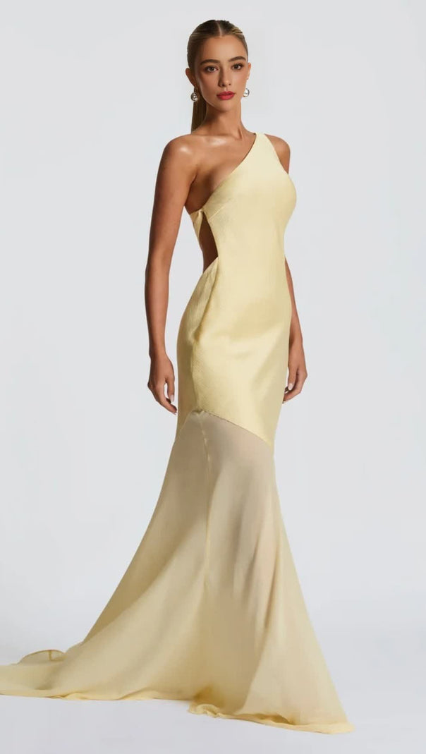 Maxikleid aus Satin mit Schnürung und abgeschrägter Rückseite in Zitronengelb