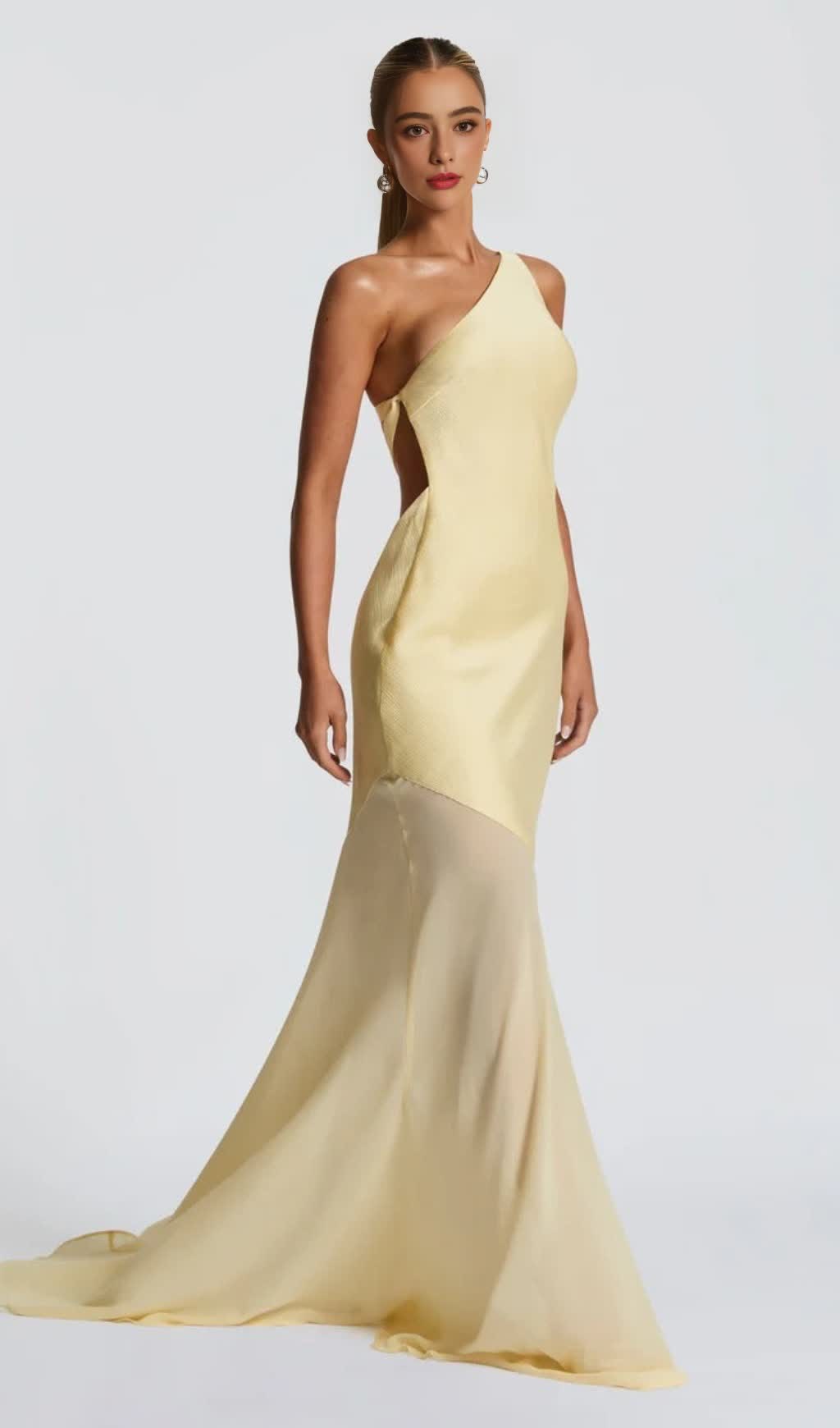 LACE-UP BEVELED BACK SATIN MAXI DRESS IN LEMON YELLOW