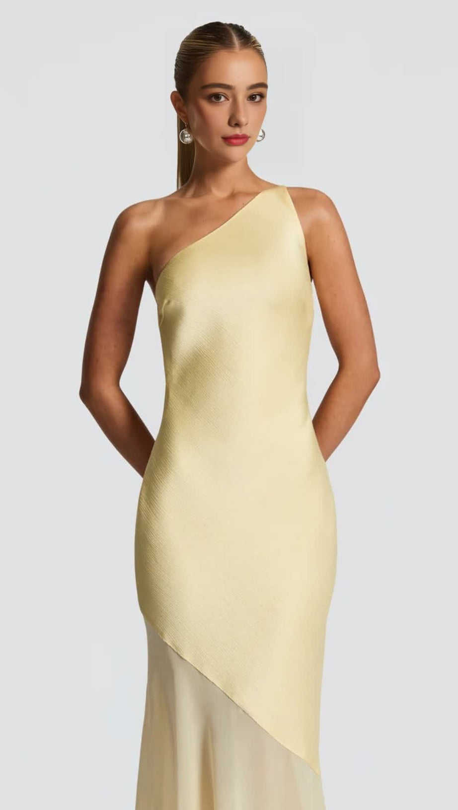 LACE-UP BEVELED BACK SATIN MAXI DRESS IN LEMON YELLOW