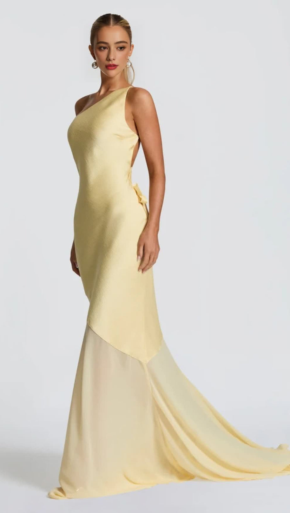 LACE-UP BEVELED BACK SATIN MAXI DRESS IN LEMON YELLOW