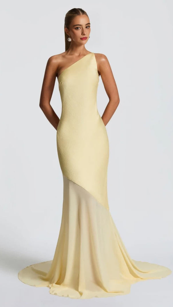 Maxikleid aus Satin mit Schnürung und abgeschrägter Rückseite in Zitronengelb
